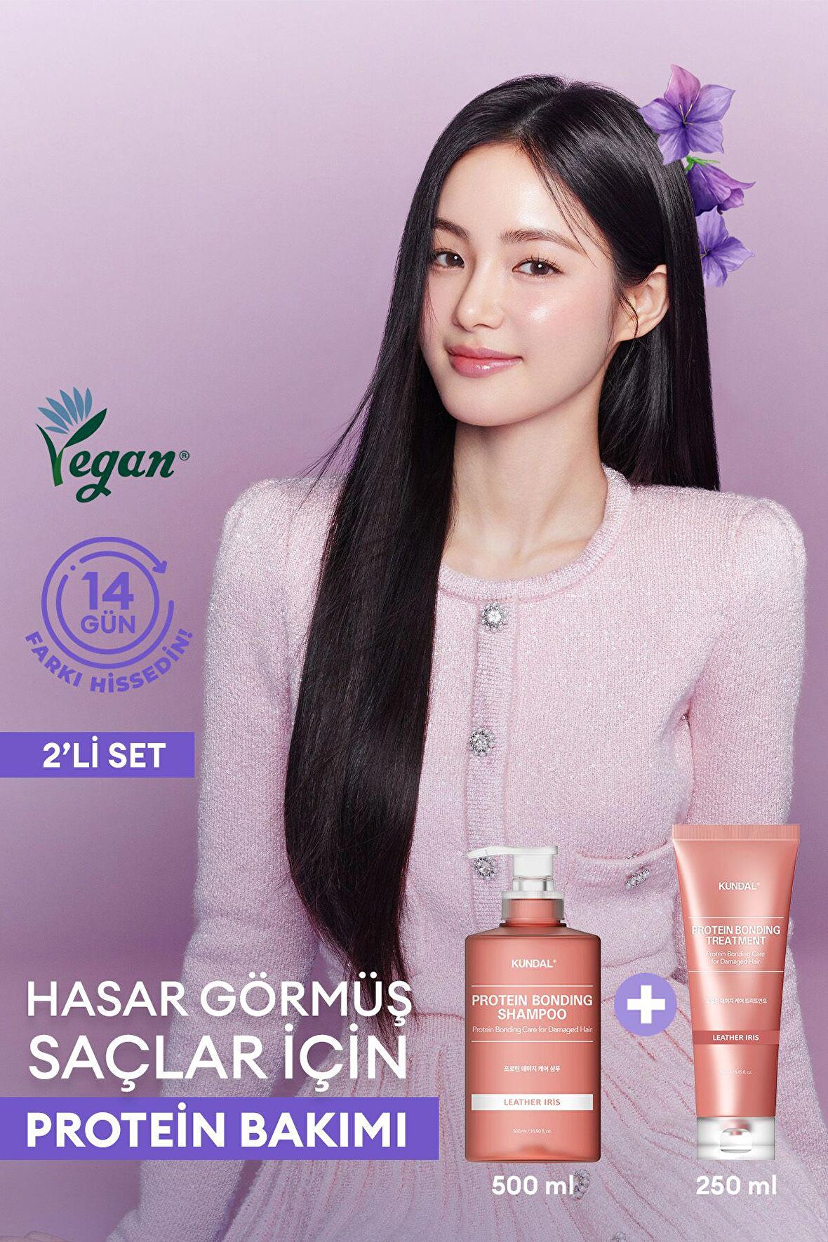 Yıpranmış Saçlar İçin Protein Bakım Seti KUNDAL Damage Care Set[Shampoo/Treatment] (Leather Iris)